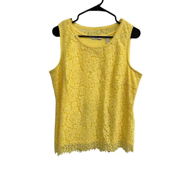 Isaac Mizrahi Live! Floral Lace Tank Top Yellow Sz Large Sleeveless Bohemian - Picture 1 of 10